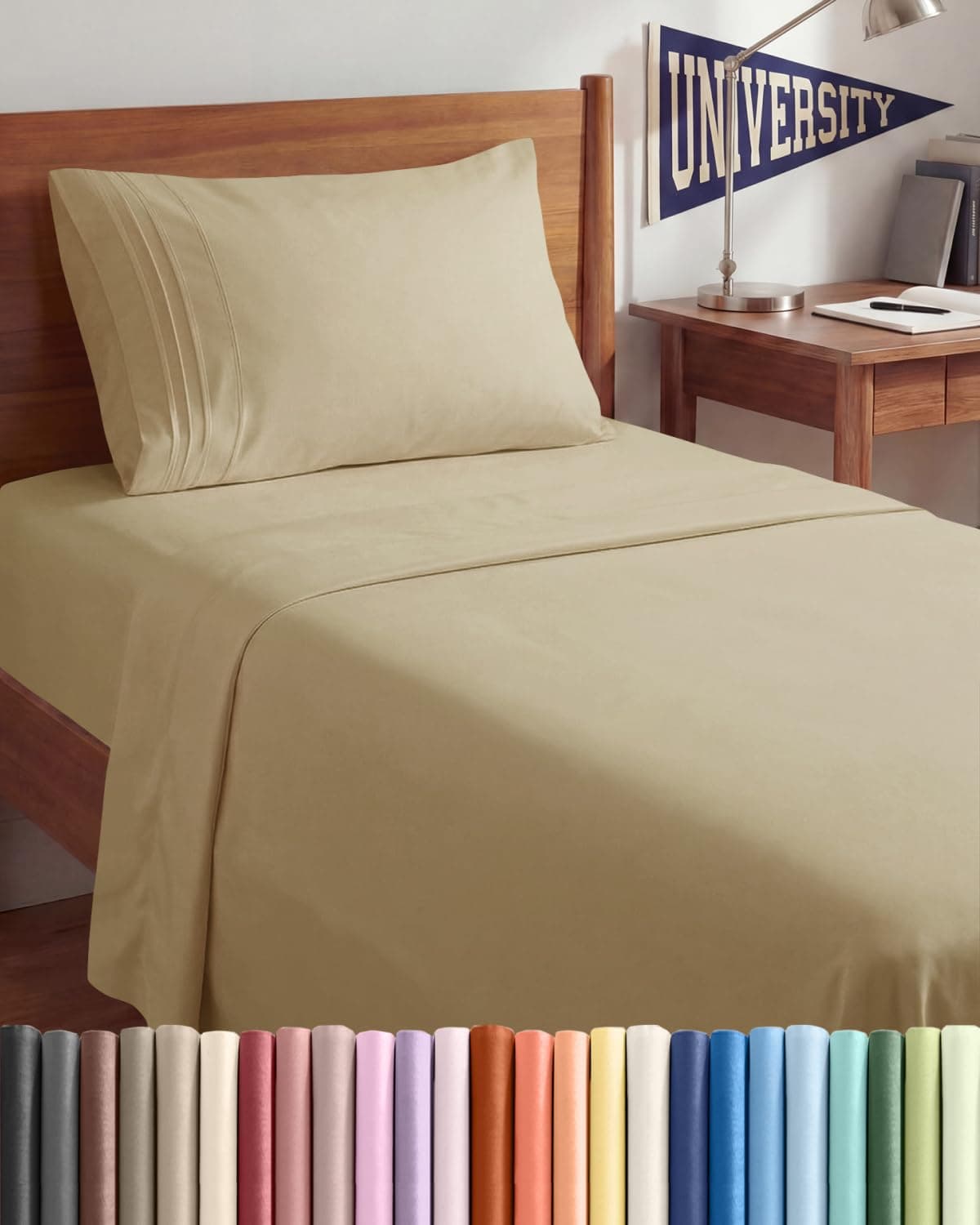 Twin XL 3 Piece Sheet Set College Dorm Room Essentials Beige