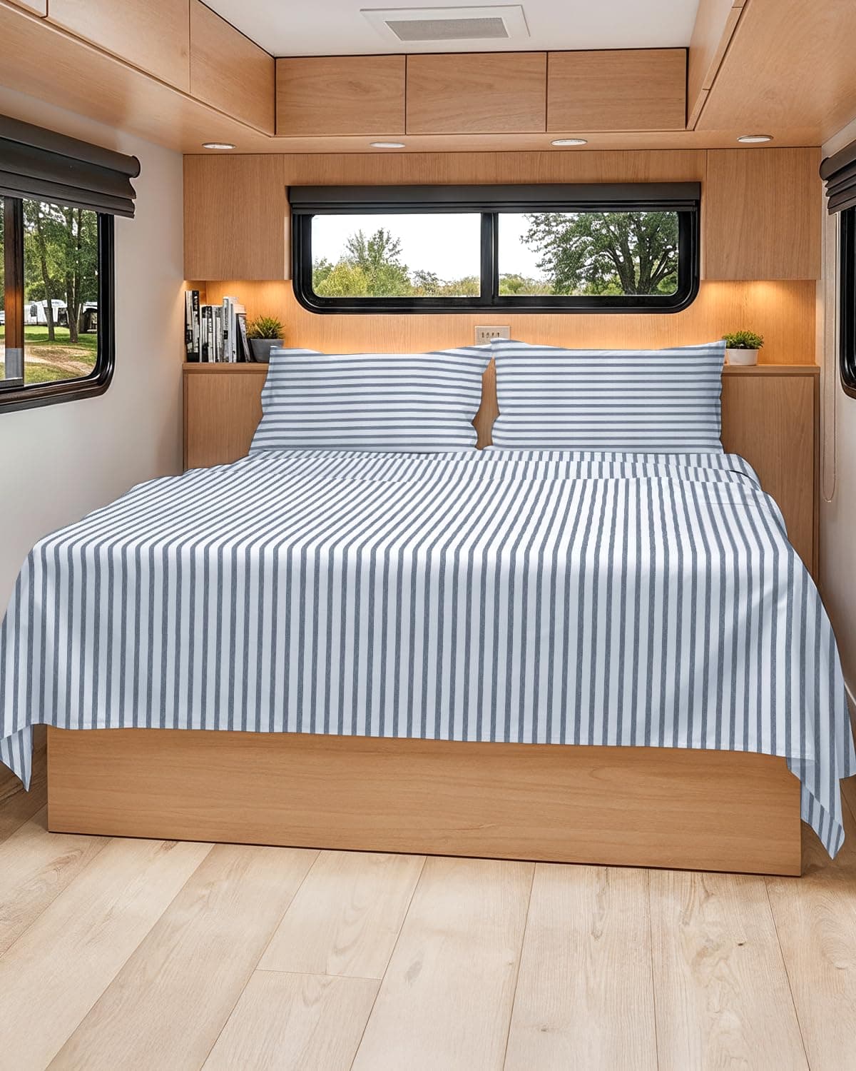 Short Queen Size 4 Piece Bed Sheet Set - RV Short Queen - Blue Stripes