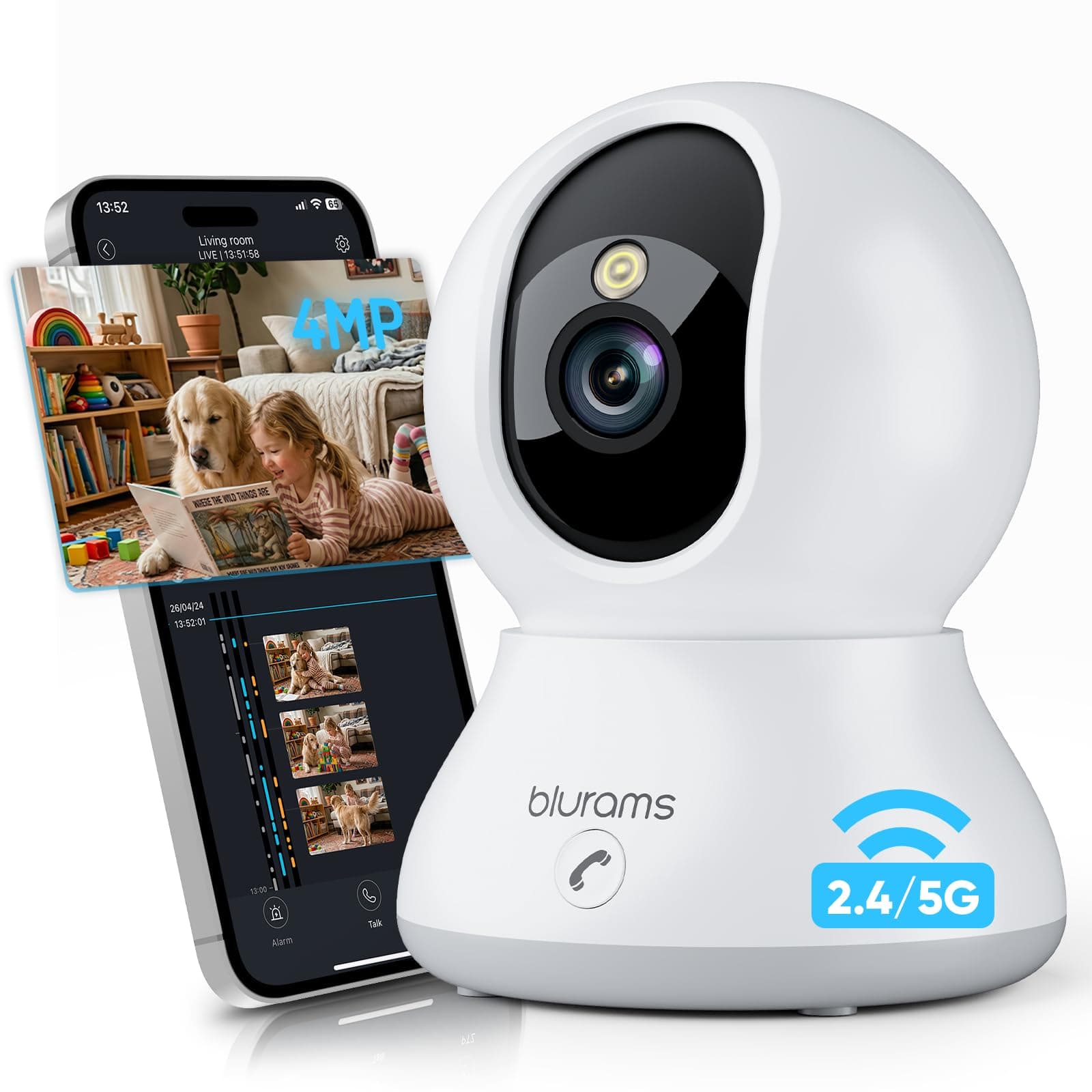 4MP Cameras for Home Security 360° PTZ Pet Indoor Camera with Phone App One Touch Call Dual Band WiFi 6 Free Human/Pet/Motion/Sound/Cry Detection C