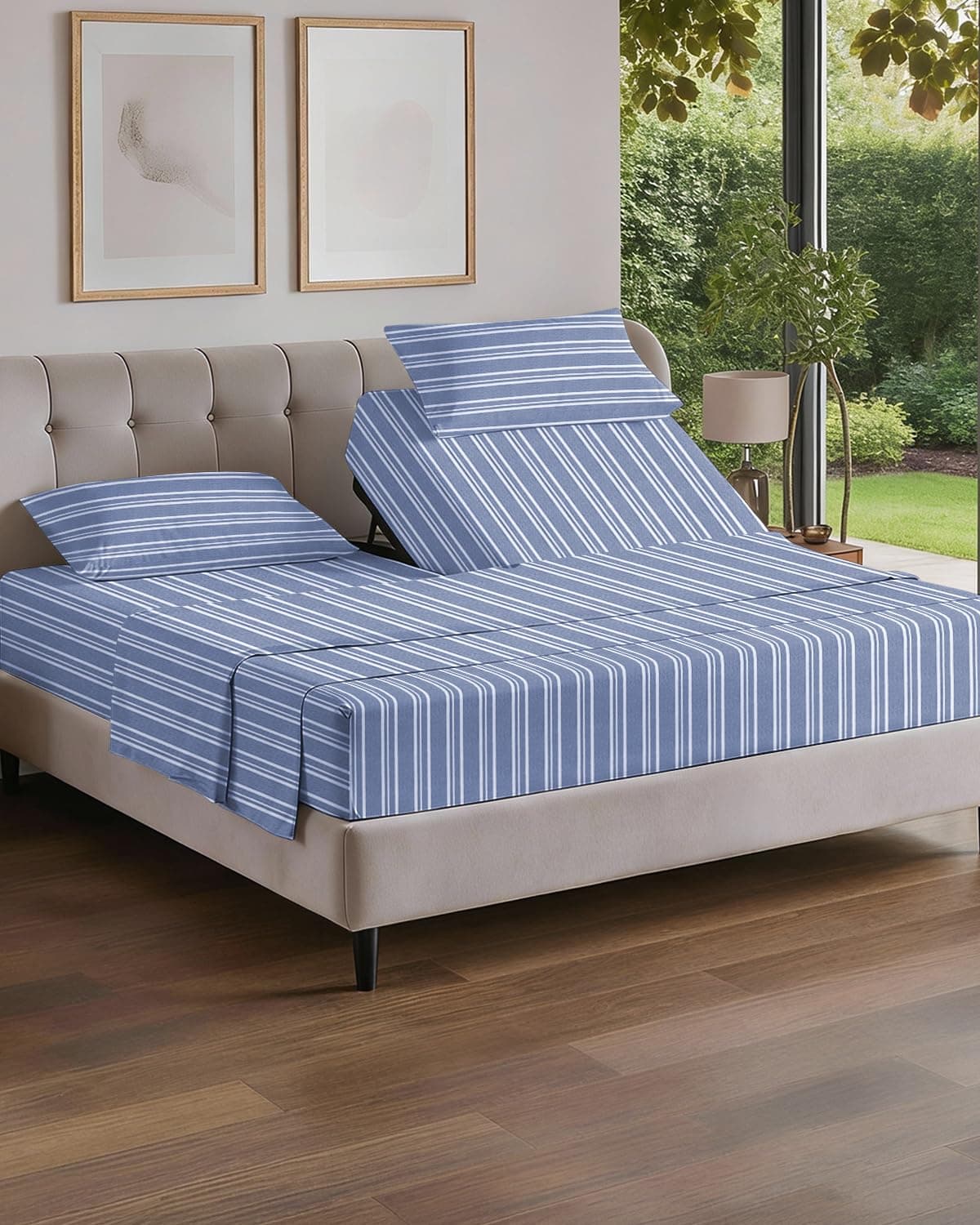 Flex Top Split Head King 4 Piece Sheet Set Soft & Cooling Blue Stripes