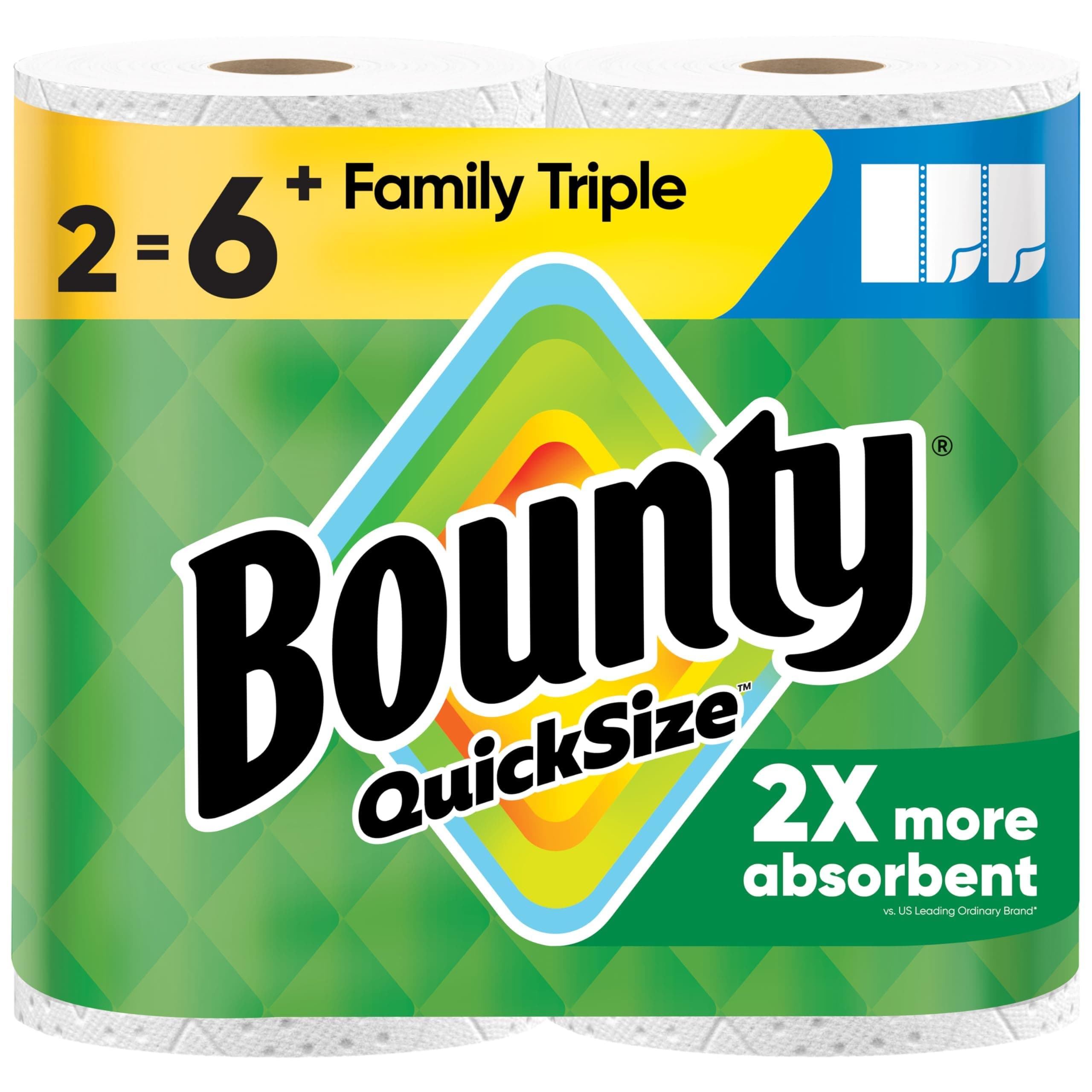 Bounty Paper Towels Quick Size, White, 2 Family Triple Rolls = 6+ Regular Rolls