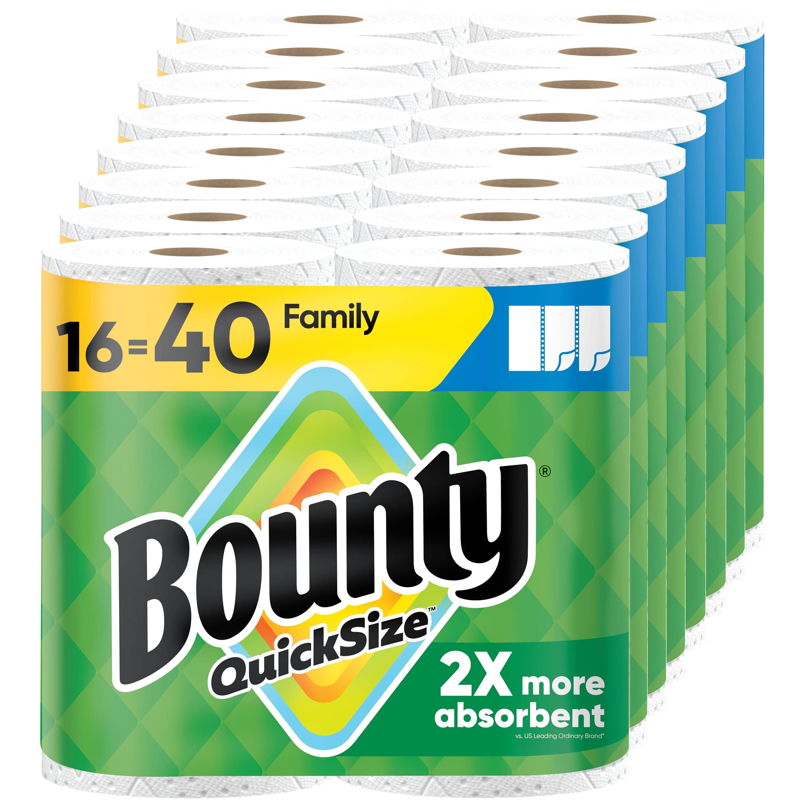 Bounty Paper Towels Quick Size White 16 Family Rolls = 40 Regular Rolls