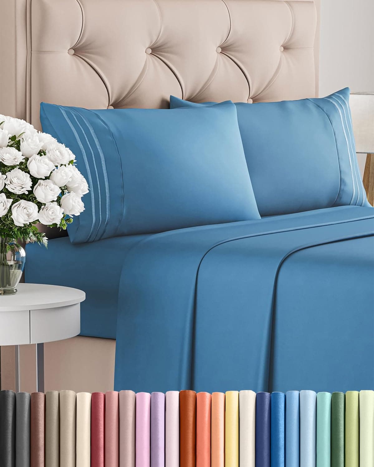 Queen Size 4 Piece Sheet Set - Breathable & Cooling Sheets - Denim Blue