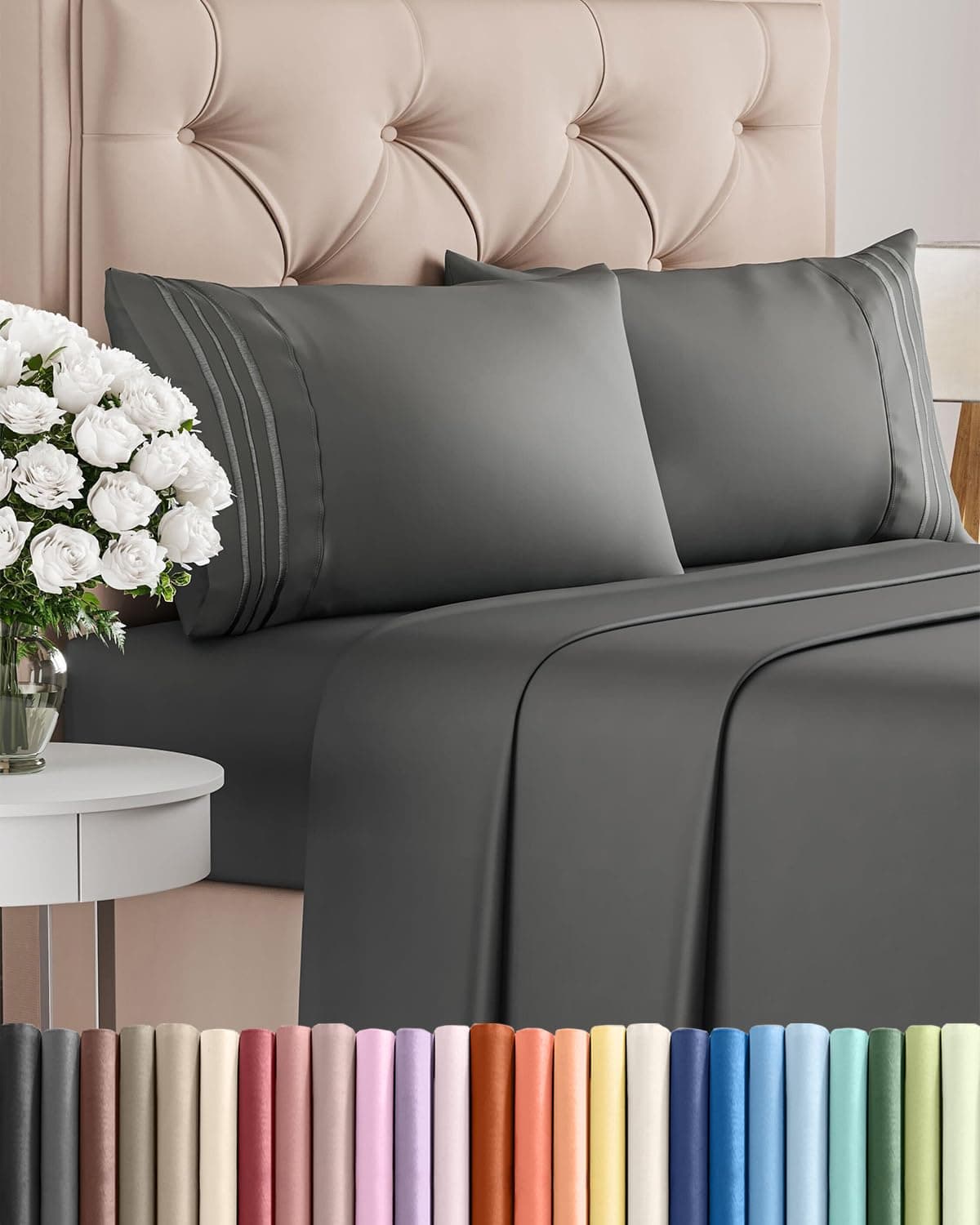 Queen Size 4 Piece Sheet Set - Comfy Breathable & Cooling Sheets - Charcoal