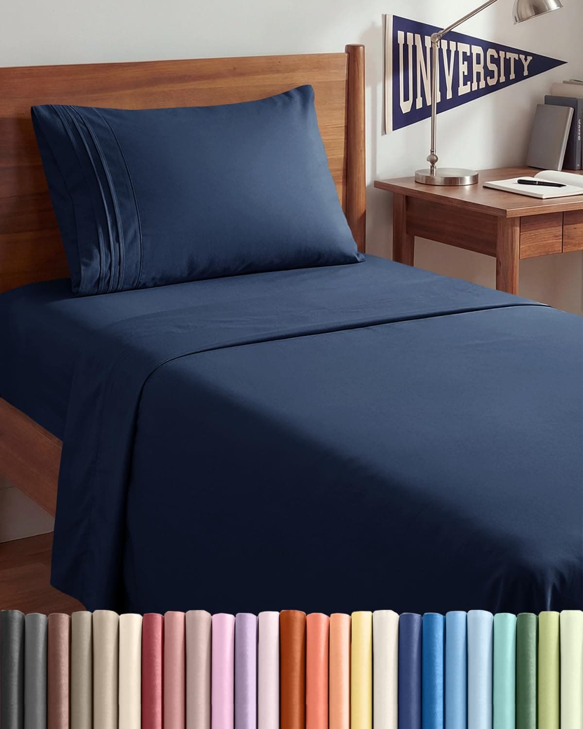 Twin XL 3 Piece Sheet Set College Dorm Room Essentials Navy Blue