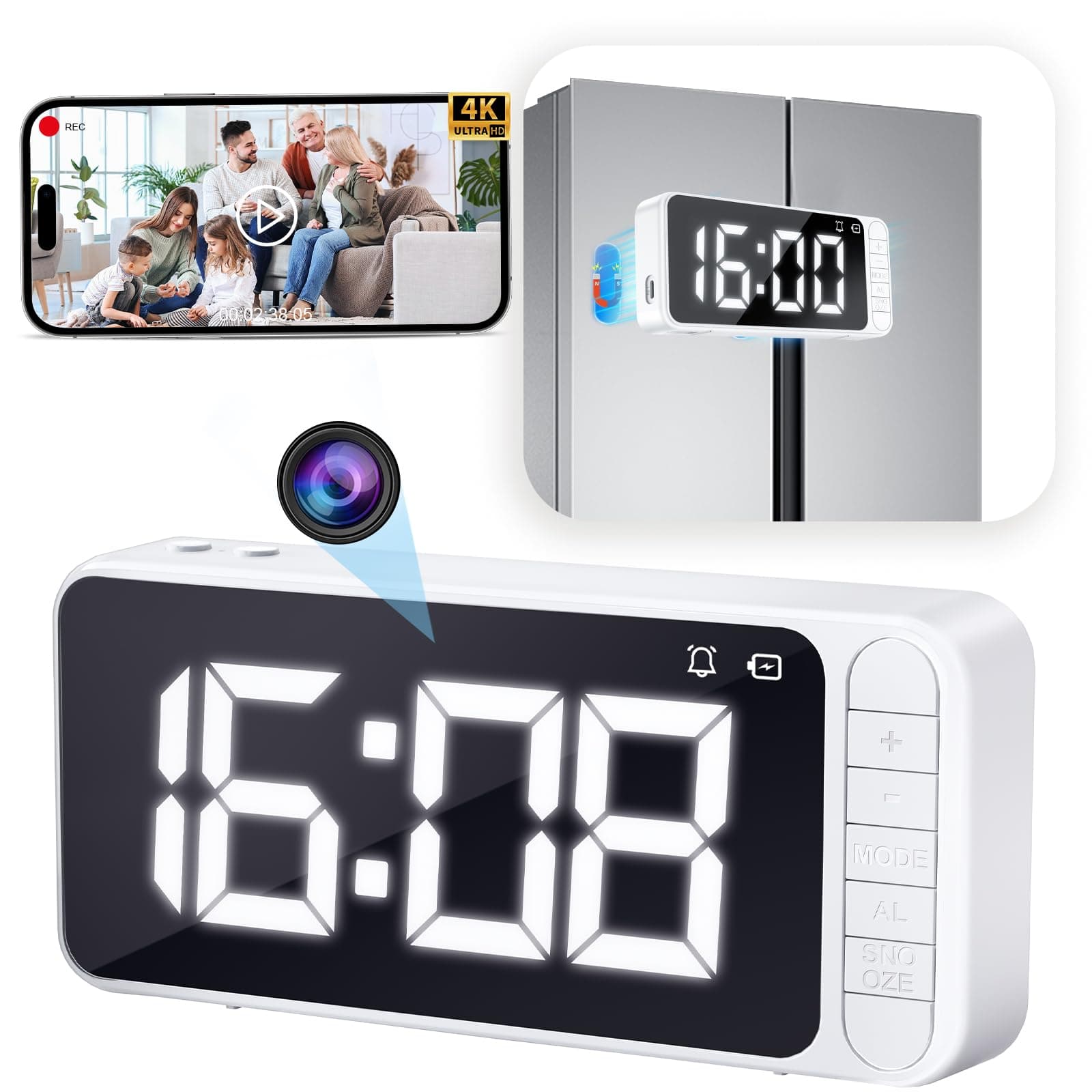 Magnetic Hidden Camera Clock - WiFi Wireless 4K HD Nanny Cam with Wide-Angle 150°, Clear Night Vision & Smart Motion Detection, Indoor Hidden Camera for Home Security, Office, Pet, App Remote Control