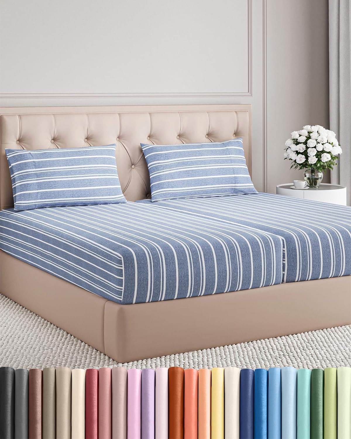 Split King Size 5 Piece Sheet Set - Breathable & Cooling - Blue Stripes