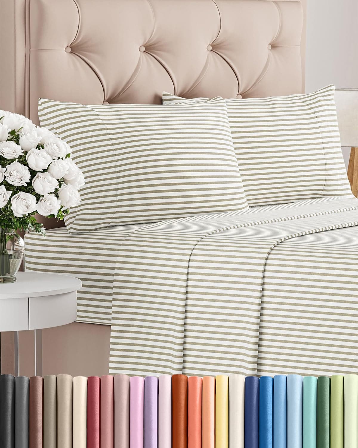 Cal King Size 4 Piece Sheet Set Breathable & Cooling Beige Stripes & Pillowcase Sets 44 2 California
