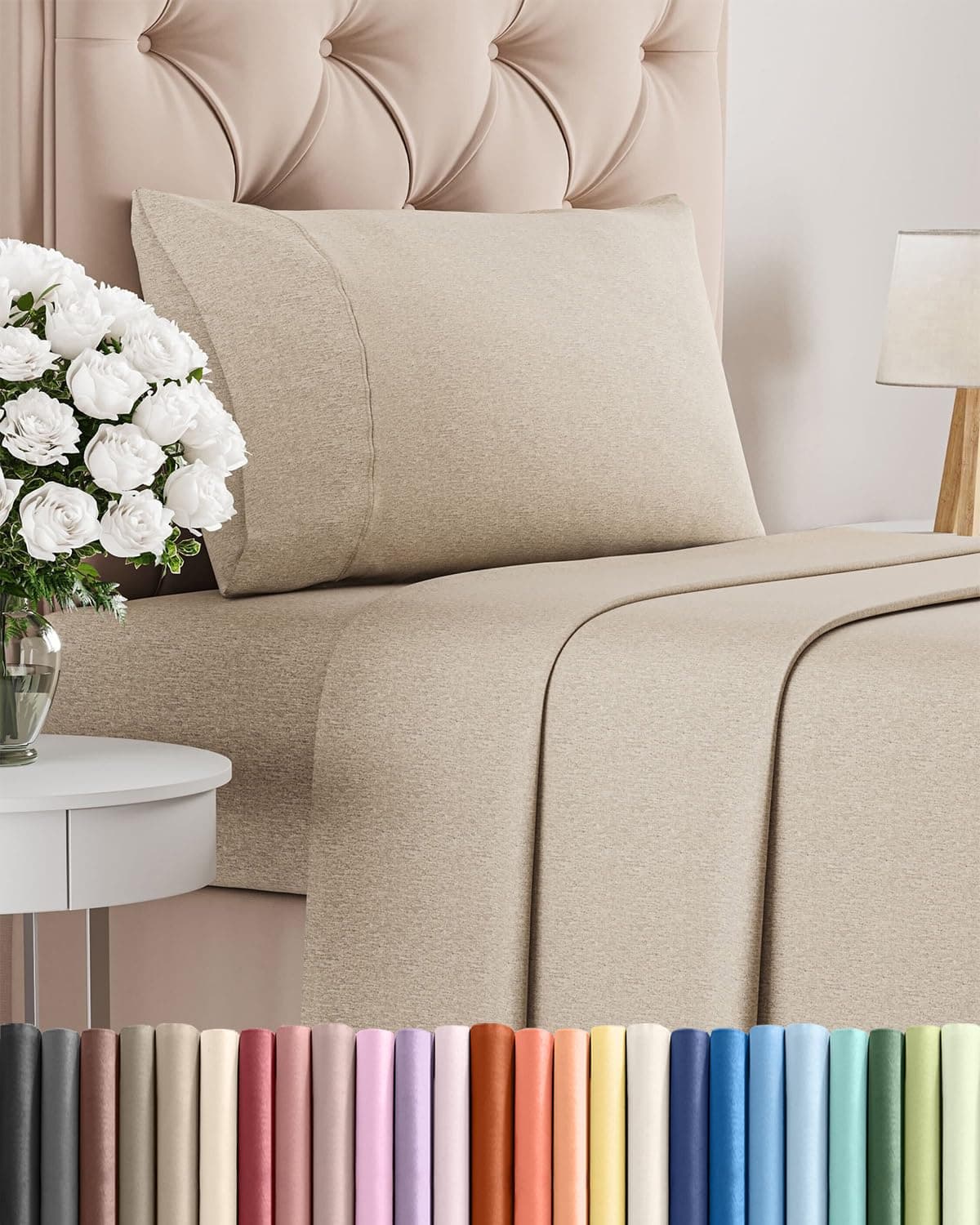 Twin Size 3 Piece Sheet Set - Breathable & Cooling Sheets - Heathered Beige
