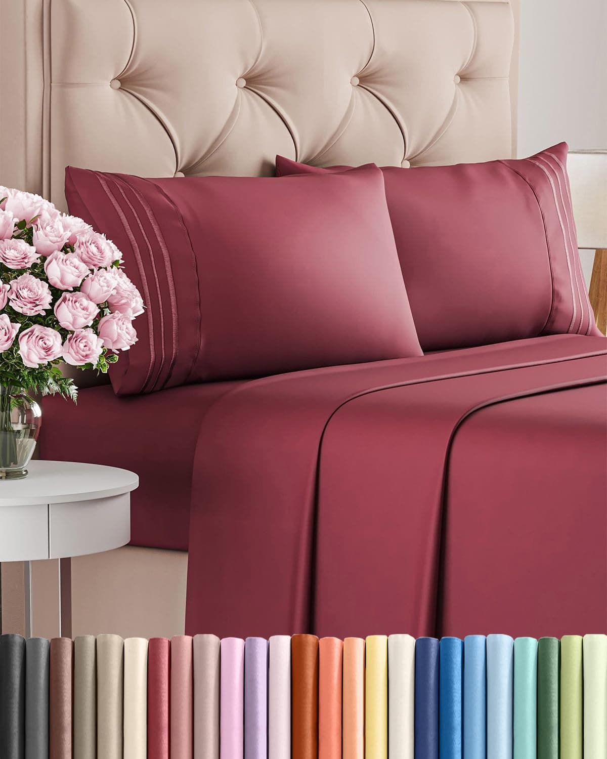 Queen Size 4 Piece Sheet Set Comfy Breathable & Cooling Sheets Burgundy & Pillowcase Sets 25 Queen4PCBurgundy