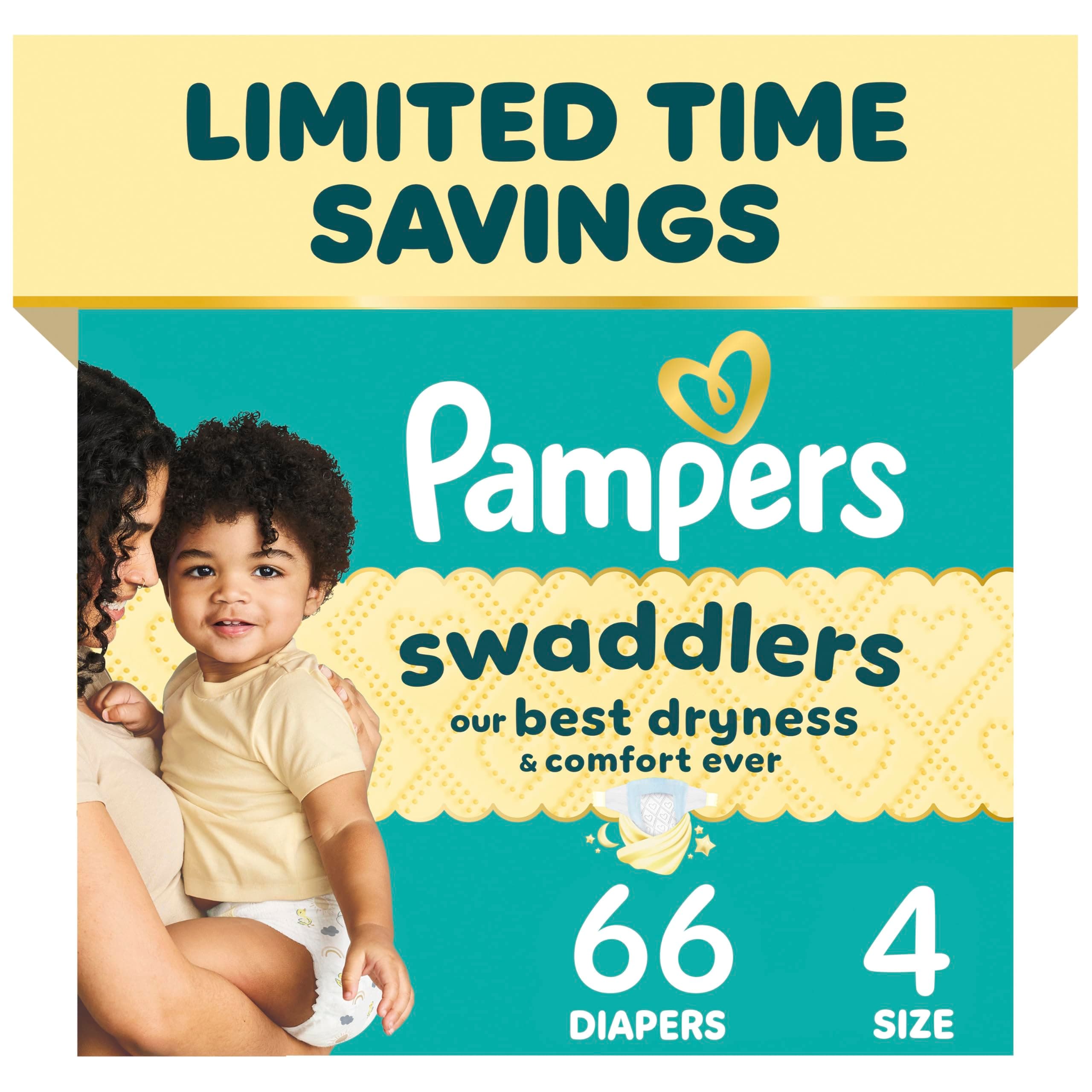 Pampers Swaddlers Diapers, Size 4 (15-34 lbs), 66 Count, Fragrance Free, Hypoallergenic, Absorbent, Pediatrician Recommended, Skin Safe