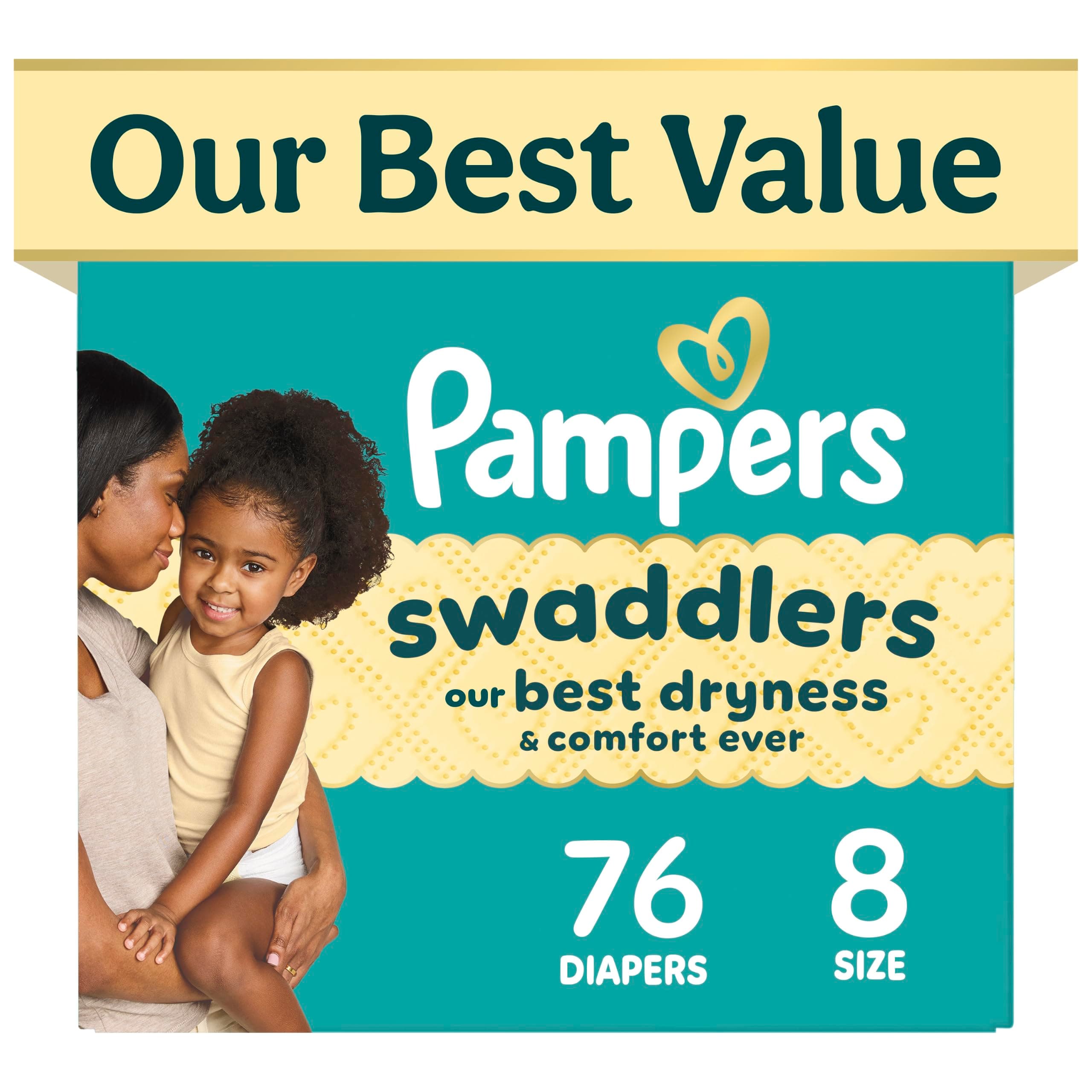 Pampers Swaddlers Diapers, Size 8 (30+ lbs), 76 Count, Fragrance Free, Hypoallergenic, Absorbent, Pediatrician Recommended, Skin Safe